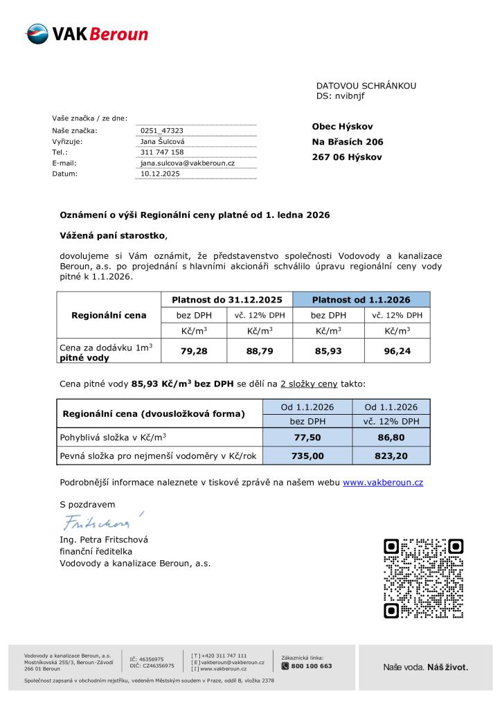 Oznámení o&nbsp;výši Regionální ceny vodného a&nbsp;stočného platné od&nbsp;1. ledna 2026